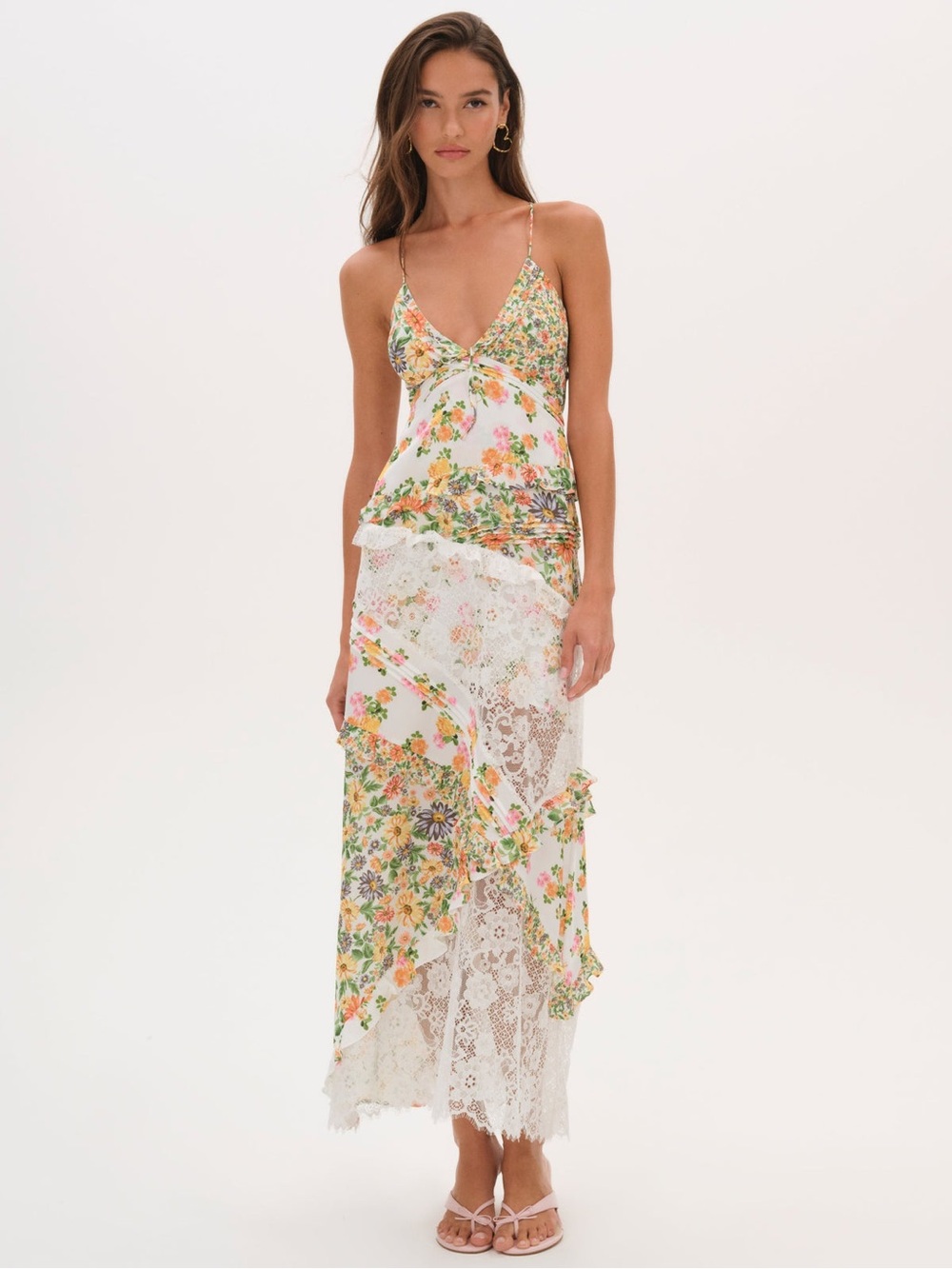 For Love & Lemons Rosalyn Marigold Floral Lace Patchwork Maxi Dress Medium - Picture 9 of 11
